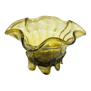 VTG Erickson Green GLASS BOWL Hand Blown Pontil Footed 6” Dish Control Bubble